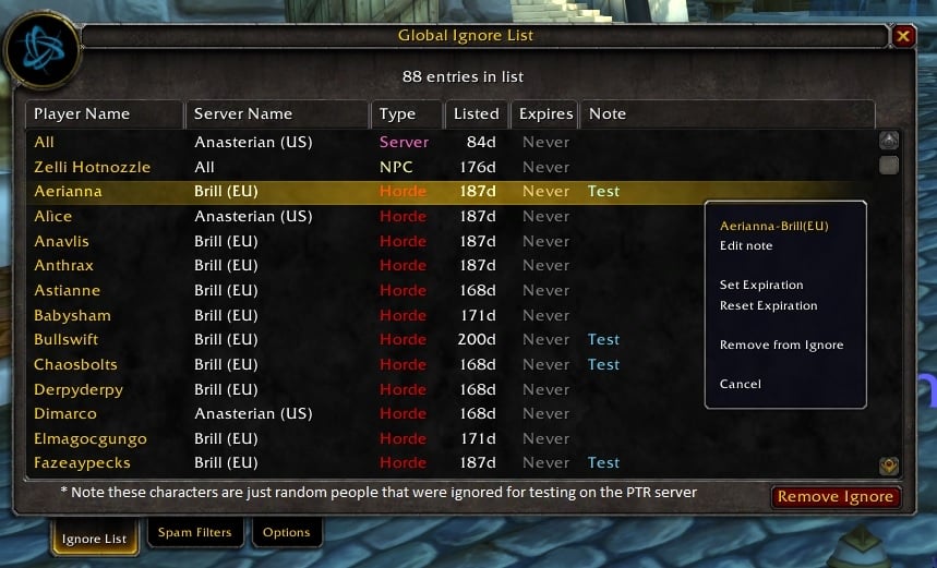 Global Ignore List and Spam Filter : Group, & Friends : World of Warcraft AddOns