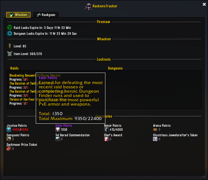RackensTracker : Miscellaneous : World of Warcraft AddOns